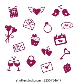 Happy Valentine's Day icons set. Gift, lollipops, postcard, love letter, hearts, calendar, heart-shaped key and lock, strawberries, birds, cupcake, glasses of wine. Flat vector pack for UI UX design.