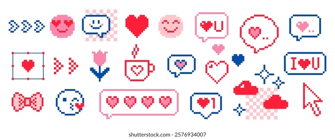 Happy Valentines Day icons set. Retro pixel art design with hearts, smile face emoji, bow and speech bubbles. Modern collage sticker for celebration, ads, banner, label, poster. Game abstract elements