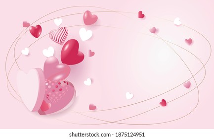 Happy Valentine's Day illustration. 3d vector realistic images of hearts, boxes for gifts, decorations, festive confetti.