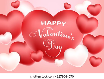 Happy Valentine's Day illustration. Banner with lettering. Photorealistic image heart and some other hearts on a pink background.