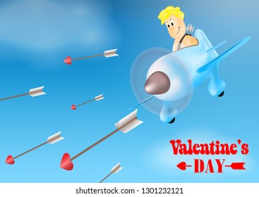 Happy Valentine's Day illustration. Banner with lettering. Cupid flies on an airplane and shoots arrows against the sky. Cartoon style