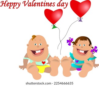 Happy Valentine's Day. Illustration with a boy and a girl with bare feet. Children smile. Heart-shaped balloons fly above them. Cartoon.