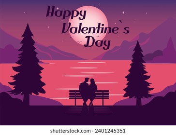 Happy Valentine's Day illustration. A couple in love sits on a bench and looks at nature, the city and the sunset. Vector illustration.