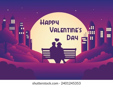 Happy Valentine's Day illustration. A couple in love sits on a bench and looks at nature, the city and the sunset. Vector illustration.