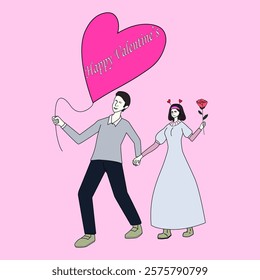 Happy Valentine's Day illustration. Couple in love, heart balloon, rose flower. Romantic scene, love celebration, greeting card.