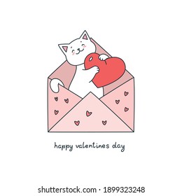 Happy valentines day. Illustration of a cute cat sitting in the envelope and holding a big pink heart in his paws. St. Valentine's day concept. Vector 10 EPS 
