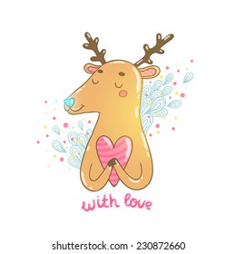 Happy Valentine's day illustration with cute cartoon hand drawn deer and heart.