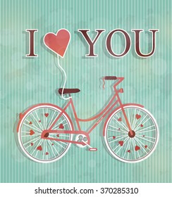 Happy Valentines day illustration. Cute romantic woman's bicycle with flying heart and inscription i love you. I love you. Symbol of love. Vintage style holiday greeting card. Retro design. I love you