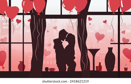 Happy Valentine's Day illustration featuring a smiling couple holding a heart, surrounded by love, romance, and celebration elements in a fun and vibrant design.Vector illustration