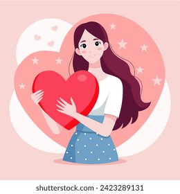 Happy Valentine's Day Illustration Featuring a Joyful Girl and Child with Hearts, Love, and Romance in a Beautiful Cartoon Design