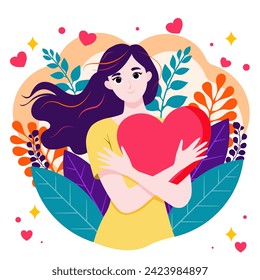 Happy Valentine's Day Illustration Featuring a Joyful Girl and Child with Hearts, Love, and Romance in a Beautiful Cartoon Design