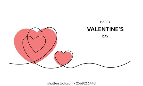 Happy Valentines Day illustration featuring pink hearts and continuous one line drawing design. A simple, modern banner suitable for love-themed projects and romantic graphic content.