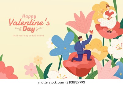 Happy Valentine's day illustration in flat style. Miniature man kneeling on a rose and proposing to the woman in a large garden.