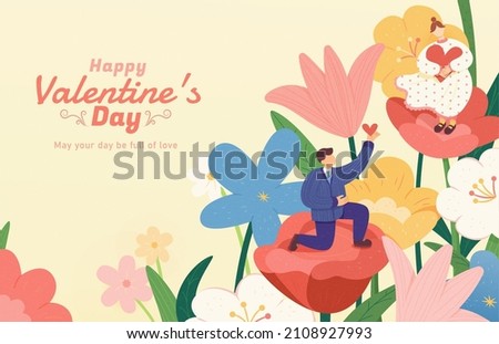 Happy Valentine's day illustration in flat style. Miniature man kneeling on a rose and proposing to the woman in a large garden.