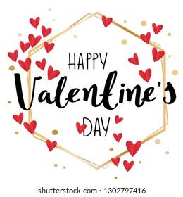 Happy Valentine's day illustration. Gold polygon with paper hearts and handwritten text.