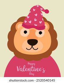 Happy Valentine's Day Illustration with Lion Wear Hat at Hearts Pattern