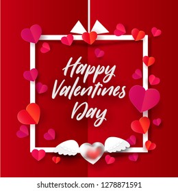 Happy Valentines day, Illustration of love , Hearts flying out of frame, paper art cut out style. Vector illustration. Retro design