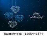 Happy Valentines Day illustration made by points and lines, polygonal wireframe mesh on night sky, dark blue background. Low poly greeting card with hearts. Vector.