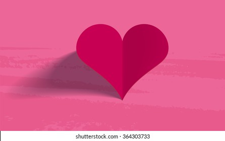 Happy Valentines Day illustration. Red Paper heart casting shadow on a rosy background.