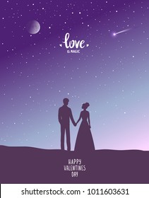 Happy Valentines Day illustration. Romantic silhouette of loving couple at sunset. Vector illustration