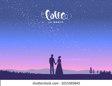 Happy Valentines Day illustration. Romantic silhouette of loving couple at night under the stars. Vector illustration