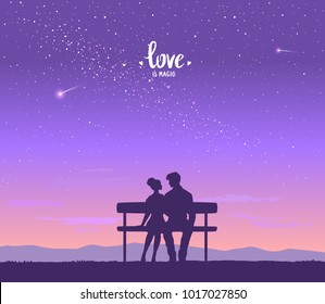 Happy Valentines Day illustration. Romantic silhouette of loving couple at night under the stars. Vector illustration