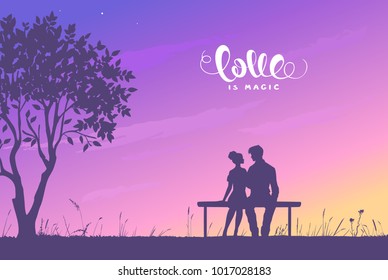 Happy Valentines Day illustration. Romantic silhouette of loving couple sit on a bench near a tree. Vector illustration