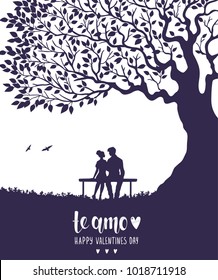 Happy Valentines Day illustration. Romantic silhouette of loving couple under big tree. Vector illustration