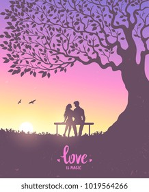 Happy Valentines Day illustration. Romantic silhouette of loving couple under big tree. Vector illustration