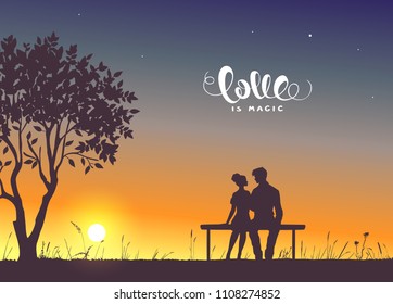 Happy Valentines Day illustration. Romantic silhouette of loving couple sit on a bench near a tree. Vector illustration