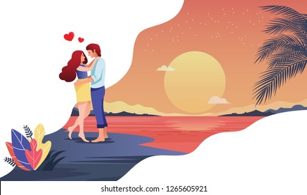 Alles Gute zum Valentinstag. Romantische Flitterwochen von Liebespaar nachts unter den Sternen und Mond am Strand. Vektorgrafik-Design