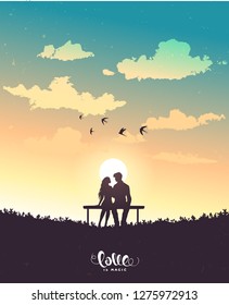 Happy Valentines Day illustration. Romantic silhouette of loving couple. Vector illustration