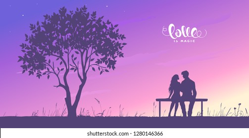 Happy Valentines Day illustration. Romantic silhouette of loving couple sit on a bench near a tree. Vector illustration