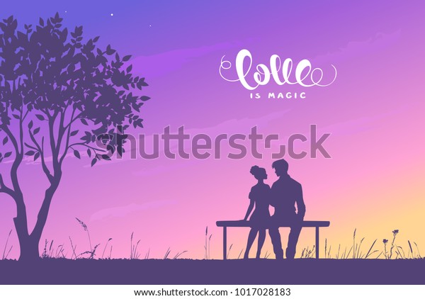 Romantic silhouette of loving couple wall art, sitting on a bench near a tree.