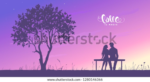 ハッピーバレンタインデーのイラスト 恋人同士のロマンチックな影絵は 木の近くのベンチに座る ベクターイラスト のベクター画像素材 ロイヤリティフリー
