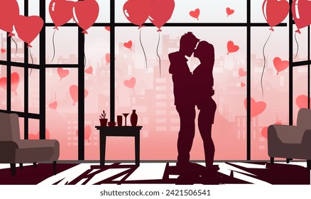 Happy Valentine's Day illustration silhouette couple surrounded by love, romance, and celebration elements in a fun and vibrant design.Vector illustration