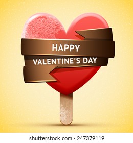 Happy Valentine's Day illustration, sweet red heart ice cream, vector bright frozen delicious icon 