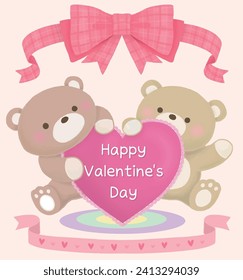 Feliz ilustración del Día de San Valentín con oso de peluche sosteniendo el corazón y la cinta