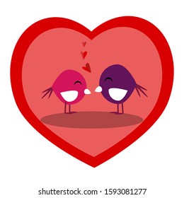 Happy Valentine's Day illustration with two cute birds of love. Cartoon birds. Vector flat design.