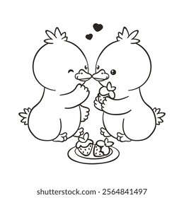 Happy Valentine's Day illustration with two outline cartoon cute ducks share chocolate-covered strawberries isolated on white background. Romantic vector hand-drawn doodle kawaii geese or ducklings. 