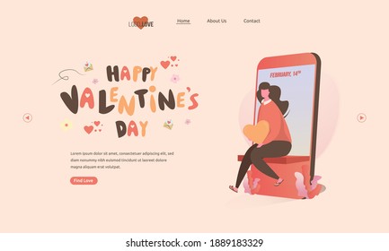 Happy valentine's day with illustration of a woman sitting waiting for her love