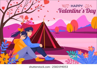 Happy Valentine's Day illustration of Young couple camping by the lake. They sit side by side by their tent, surrounded by mountains and trees. Perfect for cards, invitations, banners, and more.