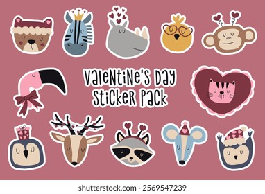 Happy valentines day illustrations with cute animals set. Wild animals with different accessories sticker set. Illustrations for valentine's day cards, posters, banners and stickers.