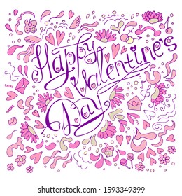 Happy Valentine's Day inscription, hand-drawn doodles on a white isolated background vector stock illustration with hearts envelopes cherry flowers cake sweets sweets gender signs. pink yellow purple 