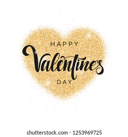 Happy Valentine's Day inscription, vector lettering. Decorative abstract background with gold glitter shiny heart. Hand written greeting card template for Valentine's day. Isolated typography print.