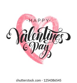 Happy Valentine's Day inscription, vector lettering. Decorative abstract background with pink hand drawn heart. Hand written greeting card template for Valentine's day. Isolated typography print.