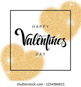 Happy Valentine's Day inscription, vector lettering. Decorative abstract background with gold glitter shiny hearts. Hand written greeting card template for Valentine's day. Isolated typography print.