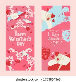 Happy valentines day invintation card with envelope, vector illustration. Card with holiday romantic letter with wings and mailbox. Dreeting note with bright hearts, vertical flyer.
