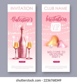 Happy Valentines Day invitation with 3D love hearts and champagne bottle with glass. Vector illustration