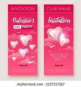 Happy Valentines Day invitation with 3D love hearts in the sky. Vector illustration